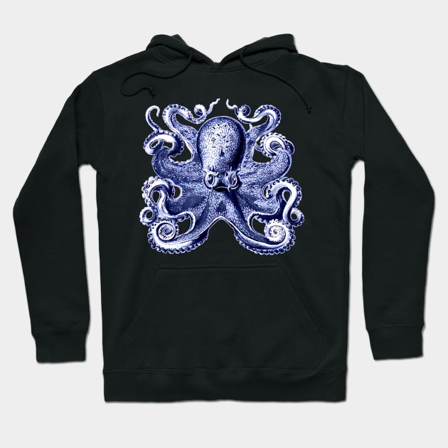 Octopus in Indigo Blue, Vintage Illustration Hoodie by PixDezines